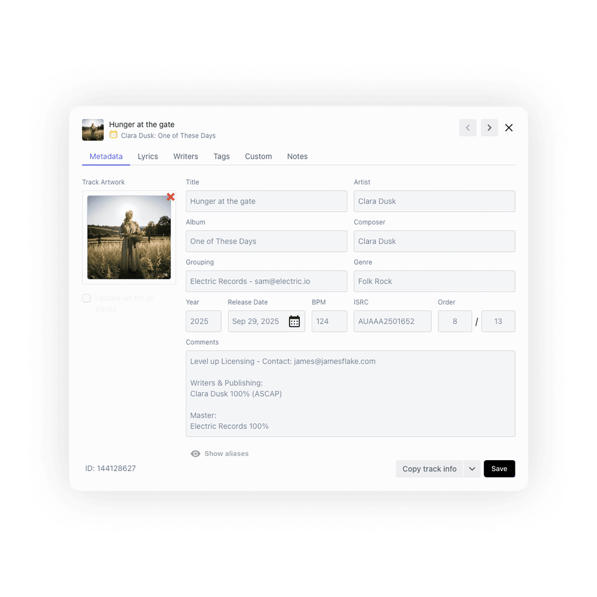 A screenshot showing the ability to edit all the metadata on a track