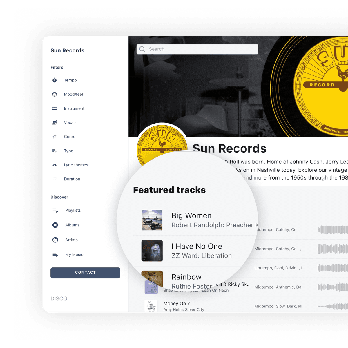 A screenshot of a DISCO catalog, showing a well-presented selection of tracks to an music consumer