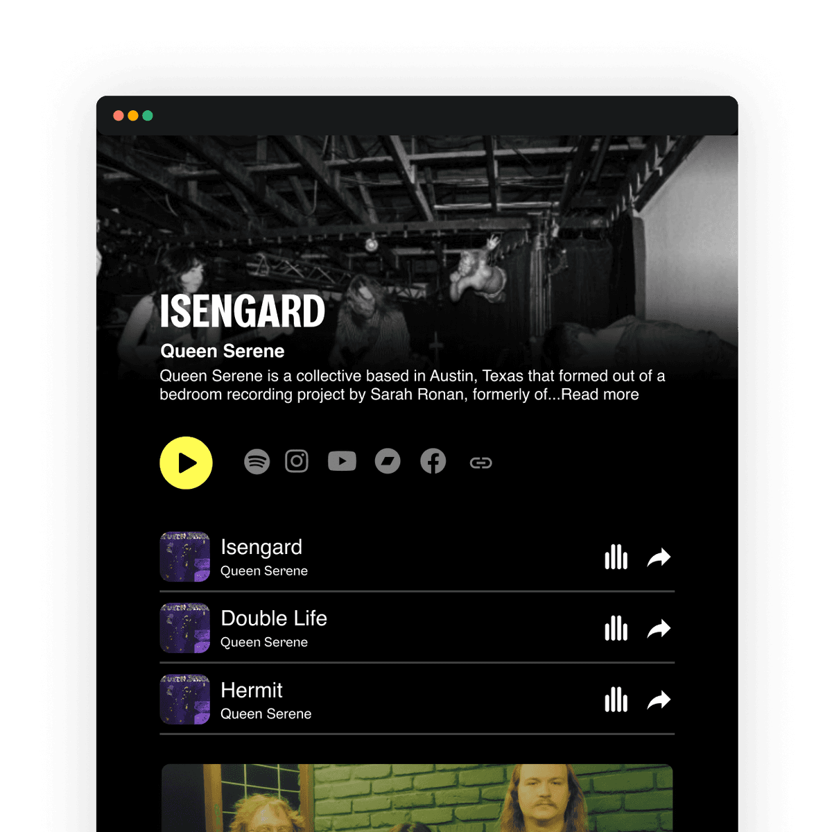 A screenshot of a DISCO artist page, showing a professionally-designed EPK.