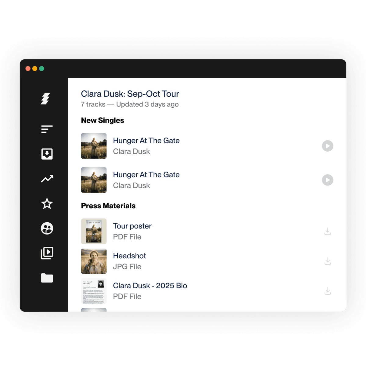 A DISCO playlist, showing the ability to embed other assets such as PDFs and images alongside music tracks.